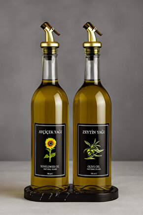 Mermer Desenli Akrilik Standlı 2li Yağ Şişesi 750 ml Zeytinyağ Sıvıyağ Şişesi Şeffaf Cam Yağdanlık