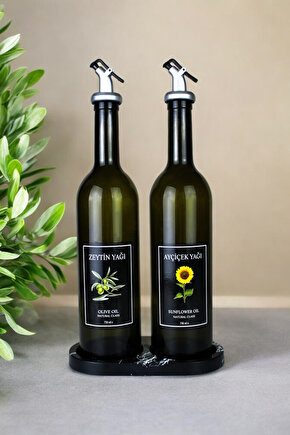 Mermer Desenli Akrilik Stantlı Amber 2li 750 ml Zeytinyağı Sıvıyağ Şişesi Yağdanlık Yağlık
