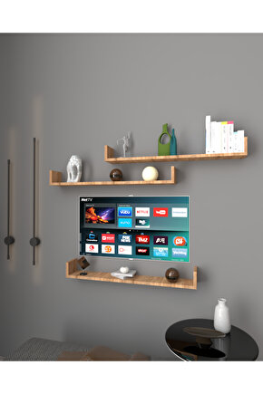 Üçlü Uçan Raf - Tv Rafı - Duvar Rafı - Kitaplık Rafı - Atlantik Çam