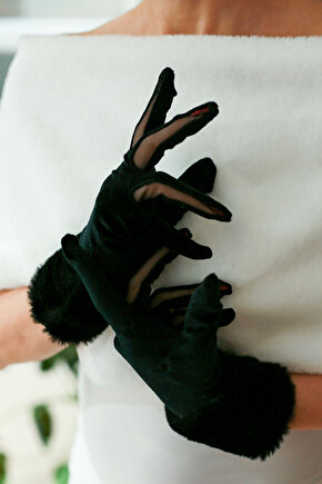 Siyah İpek Kadife Kürklü Eldiven