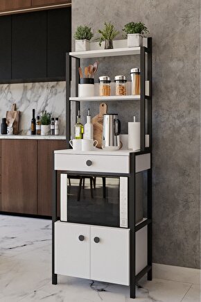 Çok Amaçlı Mutfak Dolabı Mikrodalga ve Mini Fırın Raflı Çekmeceli Metal Gövdeli Mutfak Düzenleyici