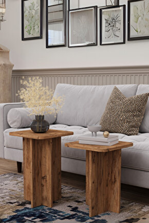 2li T Sehpa Seti | Ahşap Modern Koltuk Yanı Zigon Sehpa | Salon Ofis Dekoratif Orta Sehpa Seti