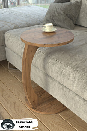 Tekerlekli Yuvarlak C Sehpa Koltuk Yanı Laptop Masası Modern Zigon Yan Sehpa Salon Ofis