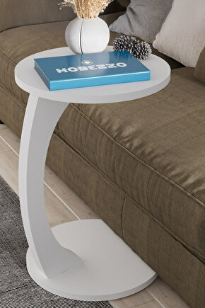 C Ayaklı Yan Sehpa Yuvarlak Koltuk Yanı Sehpası Laptop Kahve Kitap Sehpa Modeli Beyaz