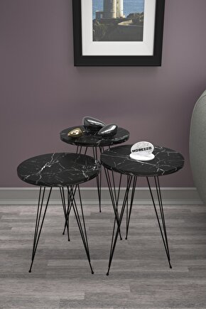 3’lü Siyah Mermer Desenli Zigon Sehpa Takımı | Siyah Metal Ayaklı Modern Yan Sehpa | Salon Dekoru