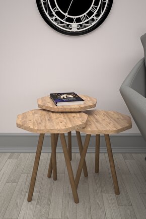 Ahşap Ayaklı Zigon Sehpa 3lü Atlantik Çam Çokgen