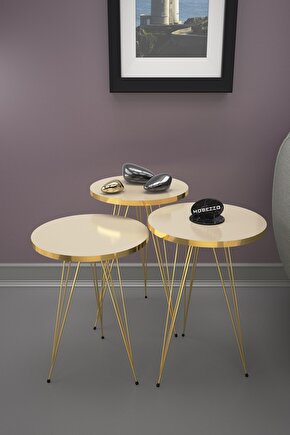 3lü Zigon Sehpa Gold Metal Ayak Krem