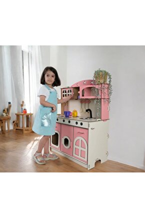 Oyuncak Mutfak, 3mm Büyük Boy Pembe Ahşap Oyuncak Mutfak, Mutfak Seti Oyuncak