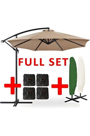 3 Mt 8 Kaburga Bej Renk Full Demir 21 Kg Bahçe Şemsiyesi Full Set Yerli Üretim Büyük Şemsiye