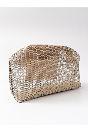 Heybes Kadın Bej Petek Desenli Şeffaf Clutch El Çantası
