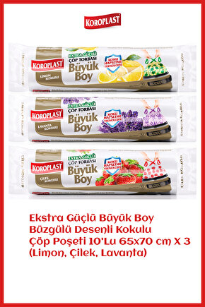 Ekstra Güçlü Büyük Boy Büzgülü Desenli Kokulu Çöp Poşeti 10Lu 65x70 cm X 3 (Limon, Çilek, Lavanta)