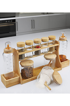 Bambulu Cam Baharatlık & Yağlık Seti – 10 Parça Standlı Düzenleyici
