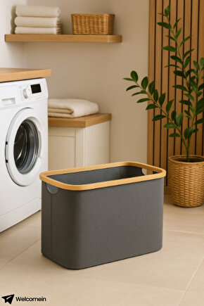 Katlanabilir Bambu Çamaşır Sepeti 50 Litre - 54x33x28 cm | Gri Kumaş, Şık ve Pratik Kirli Sepeti