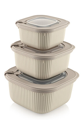 3lü Mikrodalga Ve Difrize Uygun Vip Kapaklı Özel Saklama Kabı Seti Bej