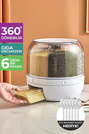 360° Dönebilen Kuru Gıda Ve Bakliyat Organizeri 6 Bölmeli Hava Geçirmez Saklama Kabı 6 Lt