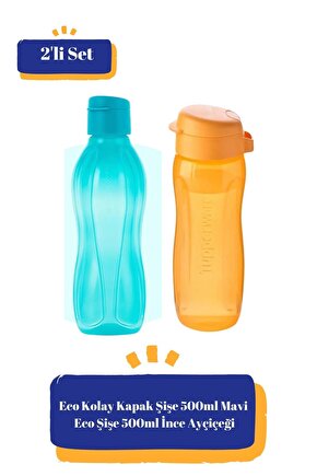 Eco Kolay Kapak Şişe 500 ml Mavi ve İnce Ayçiçeği Suluk Matara Çevre Dostu 2li Set