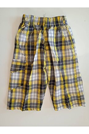Sarı Kareli Cepli Beli Lastikli Şort
