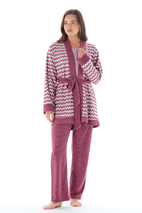 Kadın Yakası Düğmeli Zikzak Desenli Belden Kuşaklı 3lü Pijama Takımı