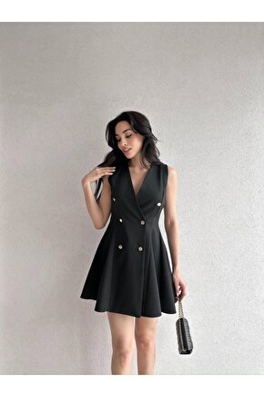 Kadın Kruvaze Yaka Düğmeli Mini Elbise