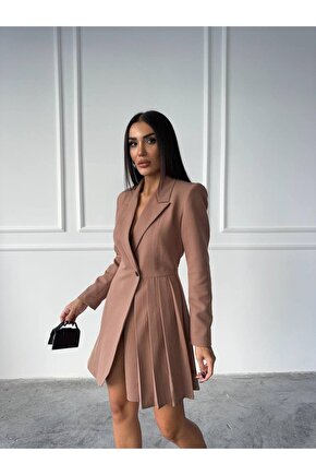 Pile Detaylı Tek Düğme Atlas Kumaş Kahve Ceket Elbise