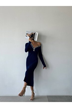 DÜĞME DETAYLI TRİKO ELBİSE