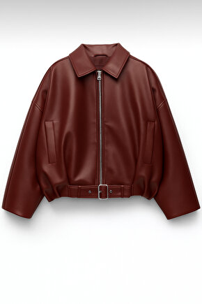 Kadın Oversize Bomber Suni Deri Ceket | Yeni Sezon Kemerli Biker Ceket