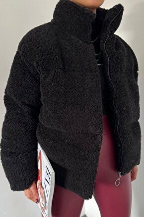 Peluş kabartma teddy şişme mont - Siyah