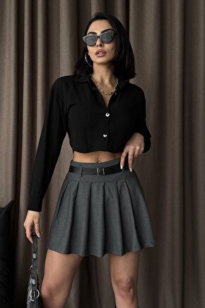 Kadın Piliseli Kemerli Mini Etek