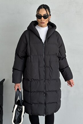 Kadın Kapüşonlu Siyah Şişme Uzun Mont - Oversize