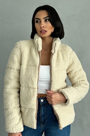 Peluş Kabartma Teddy Kadın Şişme Mont