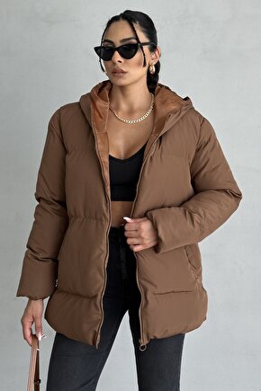 Kadın Kahverengi Kapüşonlu Şişme Mont