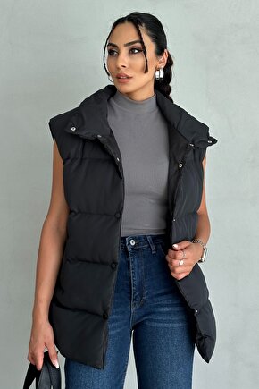 Kadın Filotalı Cep Çıtçıtlı Yakalı Uzun Şişme Yelek