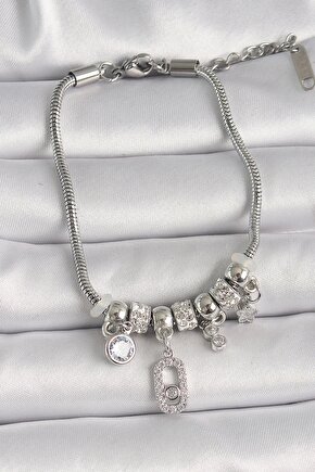 Pirinç Gümüş Renk Zincir Sallantı Zirkon Taşlı Yonca Figür Kadın Bileklik