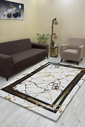 Luxaccessories Modern Desenli Bej,Gold,Siyah Renkte Halı Örtüsü (Lastikli) 200 X 300 DM-15