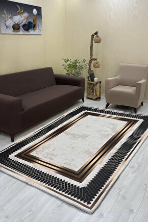 Luxaccessories Modern Desenli Kahverengi,Bej,Siyah Renkte Halı Örtüsü (Lastikli) 200 X 300 DM-12