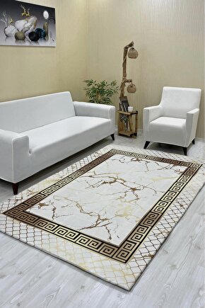 Luxaccessories Modern Desenli Bej,Gold, Siyah Renkte Halı Örtüsü (Lastikli) 200 X 300 DM-6