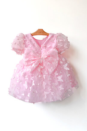 Kız Bebek Kız Çocuk Doğum Günü Parti Düğün Elbise Balonkol Kelebekli Fiyonklu Tüllü Tütü Astarlı