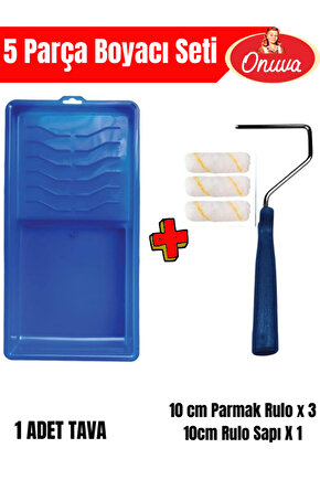5 Parça Boyacı Seti,Boya Tavası,3 Adet 10 cm Parmak Rulo,10 cm Rulo Sapı
