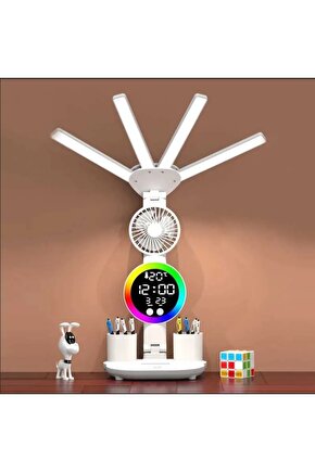 ÇOK FONKSİYOKLU MASA LAMBASI RGB LED IŞIKLI SAAT TAKVİM DERECE VANTİLATÖR KALEMLİK