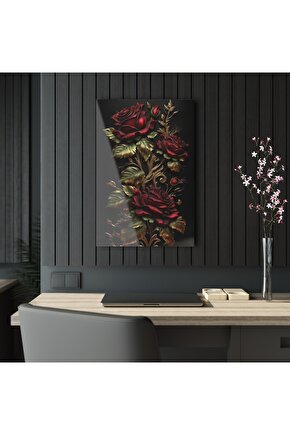 Kırmızı Gold Renkli Gül Cam Tablo Duvar Dekoru