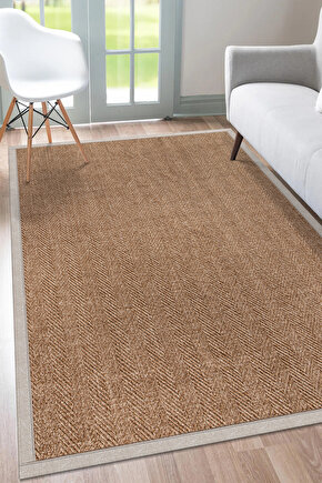 0503-Bej Kumaş Bordür Sisal Halı Kilim Hav Toz Vermez Kolay Temizlenen Hasır Kilim