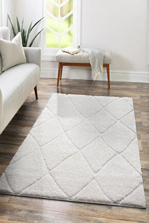 MACRO B109 Beyaz Kolay Kullanım Hav Toz Vermez Yumuşak Dokulu Uzun Tüylü Modern Shaggy Halı