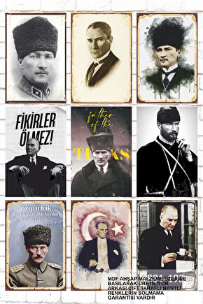 Mustafa Kemal Atatürk  9 Parça Karışık Ahşap Tablo Seti  fikirler ölmez