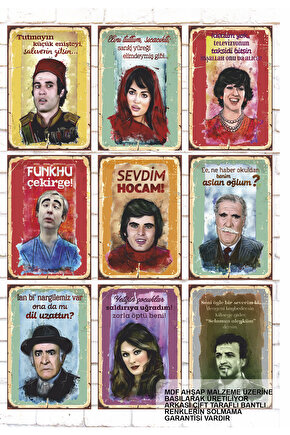 9 Parça Karışık Yazılı Ahşap Tablo Seti yeşilçam türk sineması sahneler replikler oyuncular poster