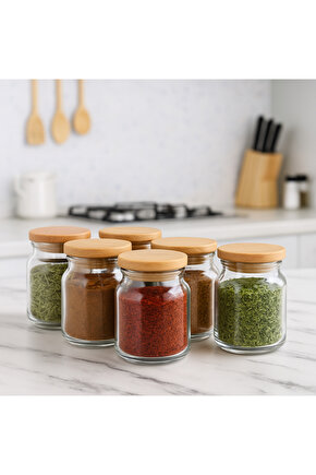 6 Adet Vakumlu Kapaklı Lux Bambu Kapaklı Cam Baharatlık Kaşık Ve Etiket Hediyeli