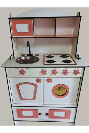 Dekoratif Doğal Ahşap Eğitici Kız Çocuk Mutfak Dolabı Seti Pembe-beyaz 91x59