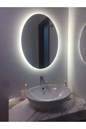 80 X 60 Cm Beyaz Ledli Elips Banyo Aynası Makyaj Aynası Prizli
