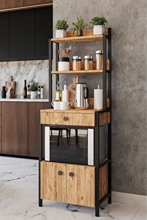 Çok Amaçlı Mutfak Dolabı Mikrodalga ve Mini Fırın Raflı Çekmeceli Metal Gövdeli Mutfak Düzenleyici