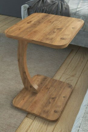 C Ayaklı Modern Yan Sehpa Koltuk Yanı Laptop Kahve Kitap Şehpası Servis Sehpası Kare Çam