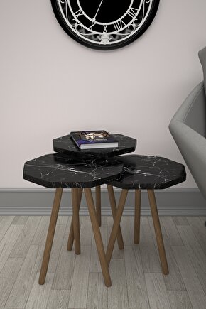 Ahşap Ayaklı Zigon Sehpa Üçlü Bendir Siyah Mermer Desenli Çokgen Sunum Sehpası